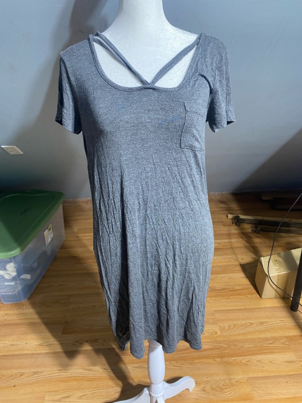 Heather Gray Short Sleeve T-Shirt Dress with Crisscross Neck